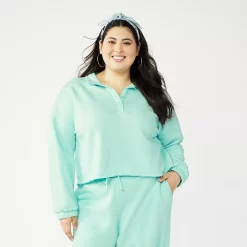 Juniors' Plus Size SO® Long Sleeve Fleece Polo -Active & Workout Clothes Store 5212601 Aqua Tint