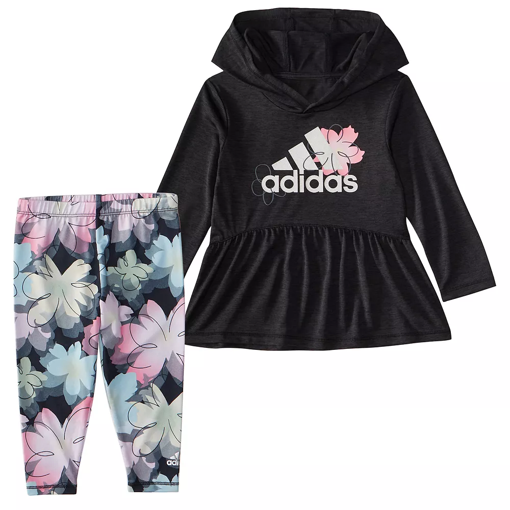 Baby Girl adidas Hooded Peplum Top & Floral Leggings Set 3 Baby Girl adidas Hooded Peplum Top & Floral Leggings Set