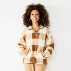 Juniors' SO® Quarter Zip Sherpa Jacket -Active & Workout Clothes Store 5686355 Cream Brown Buffalo