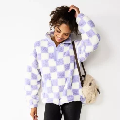 Juniors' SO® Quarter Zip Sherpa Jacket -Active & Workout Clothes Store 5686355 Purple Check